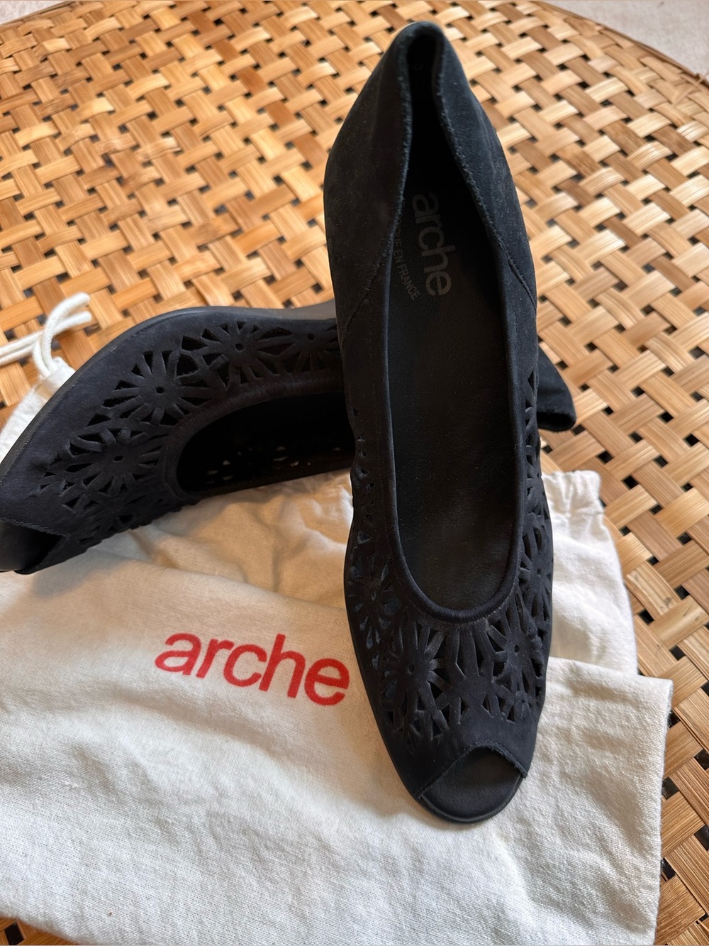 Arche Black Laser-Cut Nubuck Peep-Toe Flats
